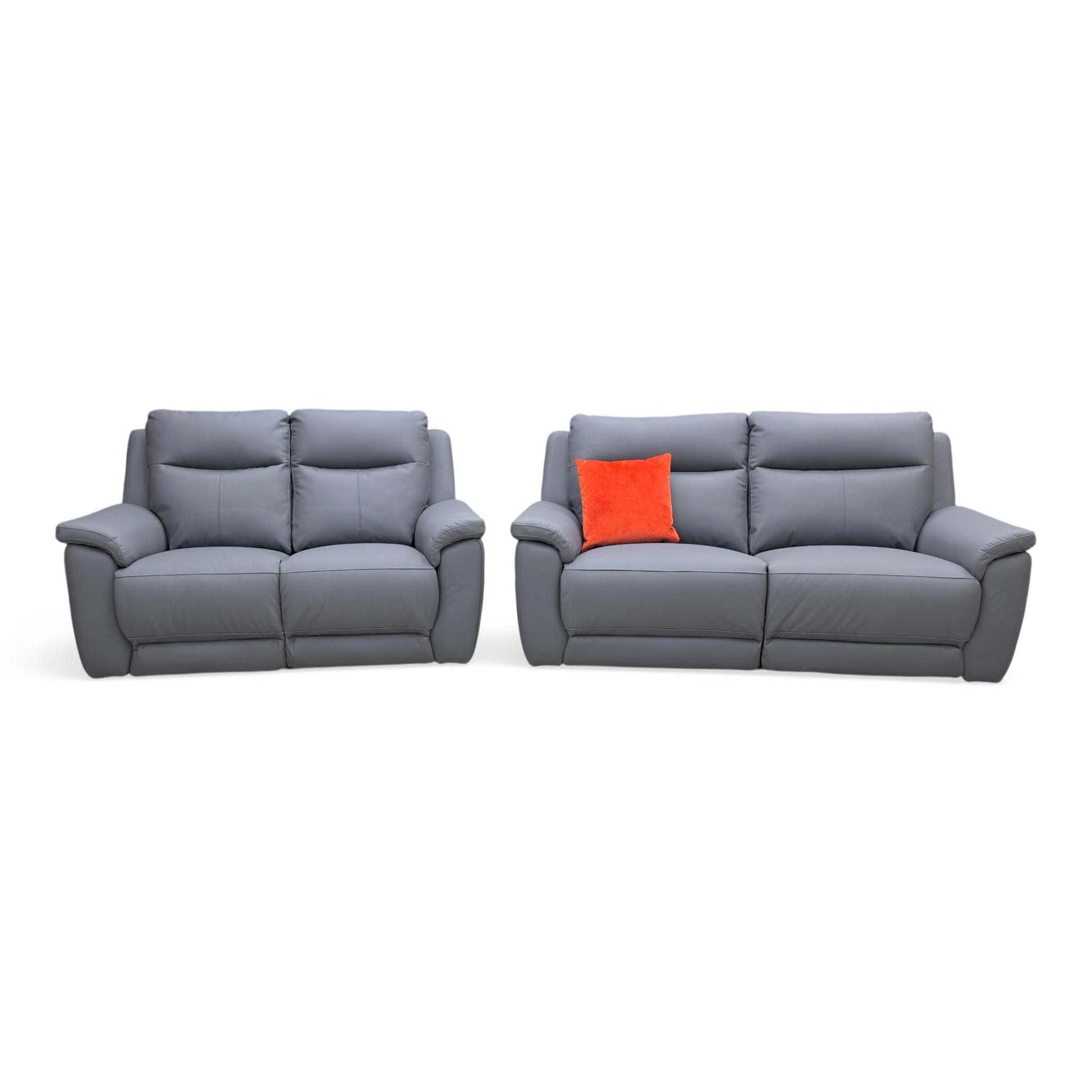 Front view of the Bobby 3+2 seater power recliner sofa set in Navy Blue full leather, featuring a high-back design and contemporary silver-toned controls.