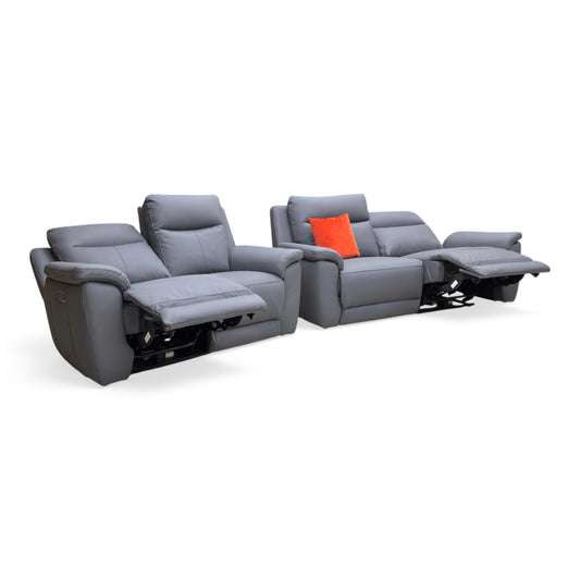‘Bobby' Navy Blue Full Leather 3 + 2 Seater Power Recliner Sofa Set