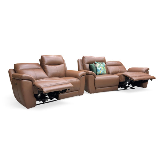 ‘Bobby’ Tan Brown Leather 3 + 2 Seater Power Recliner Sofa Set