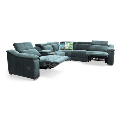Side profile of the reclining end-seat, showing the extended footrest and the adjustable power headrest in motion.