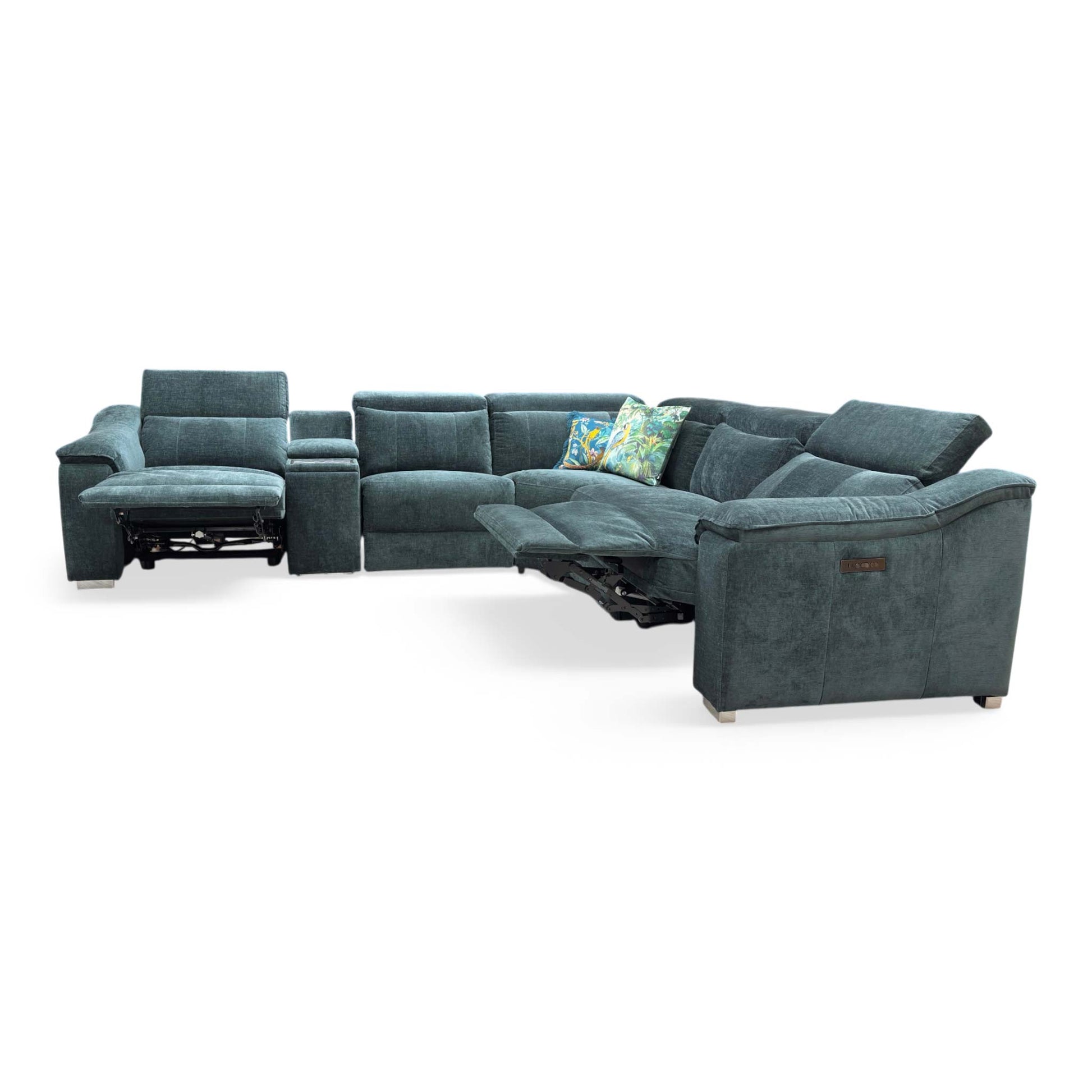 Side profile of the reclining end-seat, showing the extended footrest and the adjustable power headrest in motion.