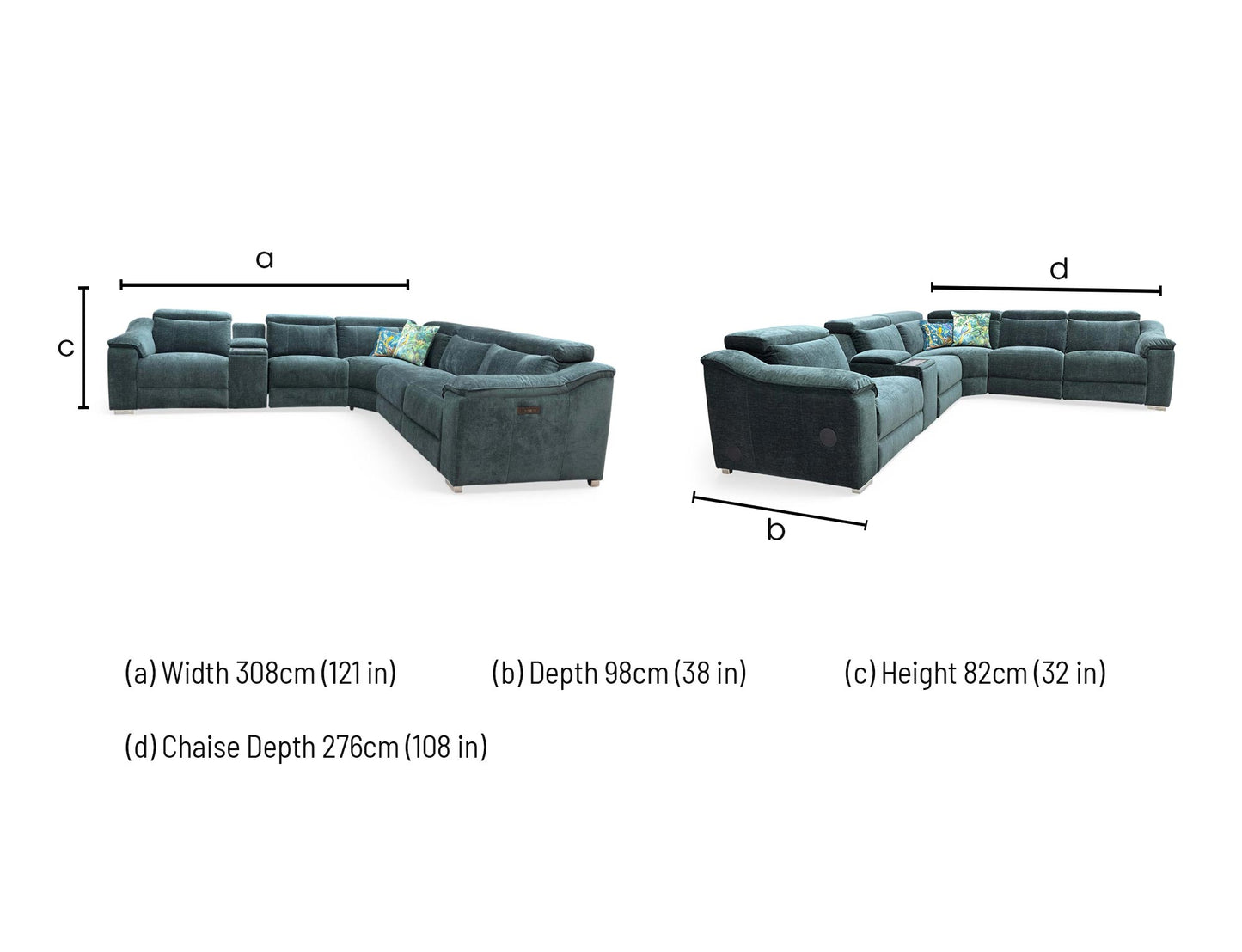 Technical dimension diagram for the Geneva Forest Green Large Power Recliner Corner Sofa, specifying all sectional measurements.