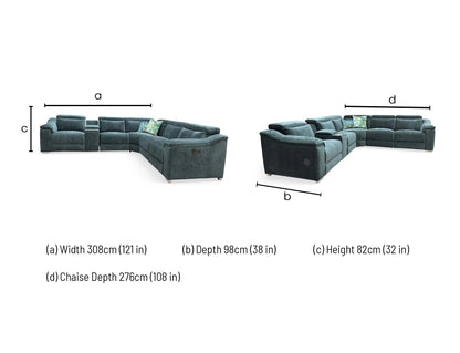 Technical dimension diagram for the Geneva Forest Green Large Power Recliner Corner Sofa, specifying all sectional measurements.