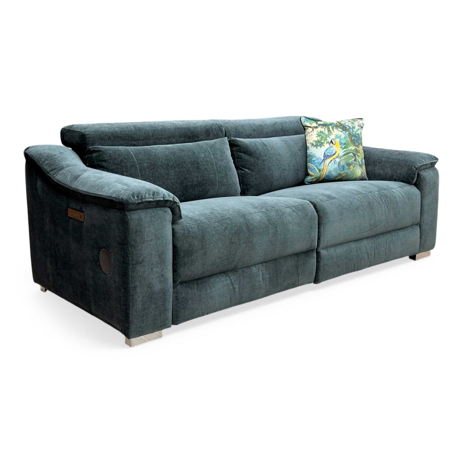 Side profile of the Geneva sofa in full recline, emphasizing the ergonomic leg support and the modern brushed-metal control panels.