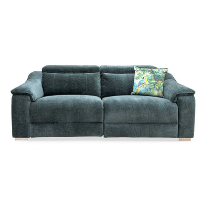 Front view of the Geneva 3-seater power recliner sofa in Forest Green fabric, featuring a high-back design, power headrests, and integrated Bluetooth speakers.