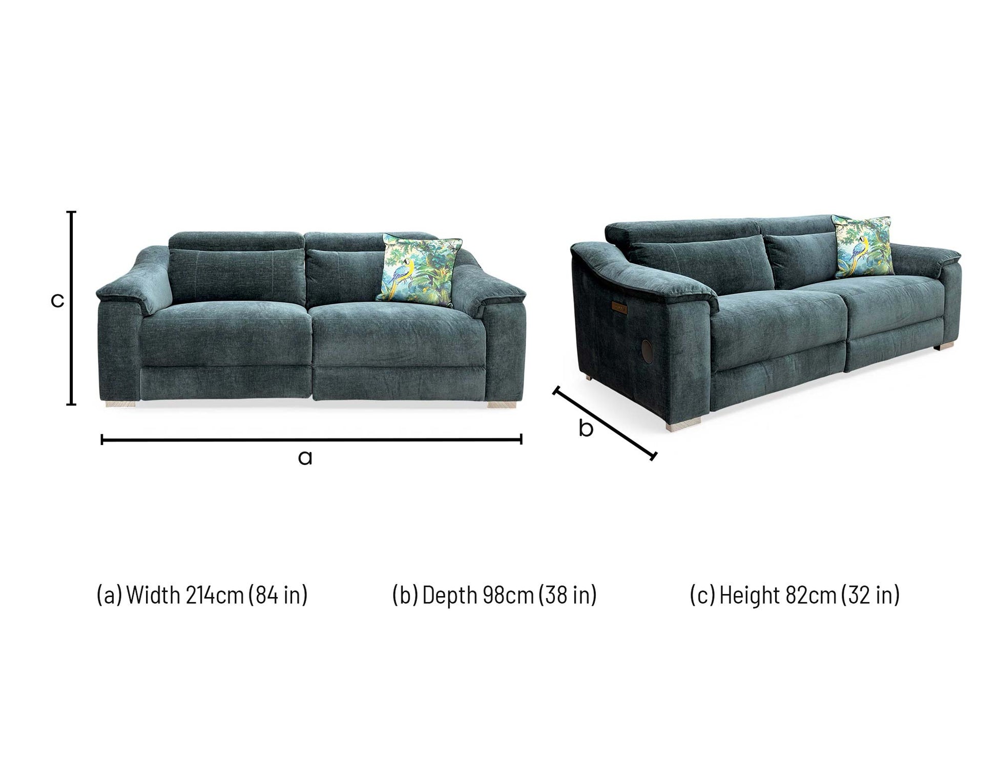 Technical dimension diagram for the Geneva Forest Green 3-Seater with Bluetooth, specifying total width, depth, and height.