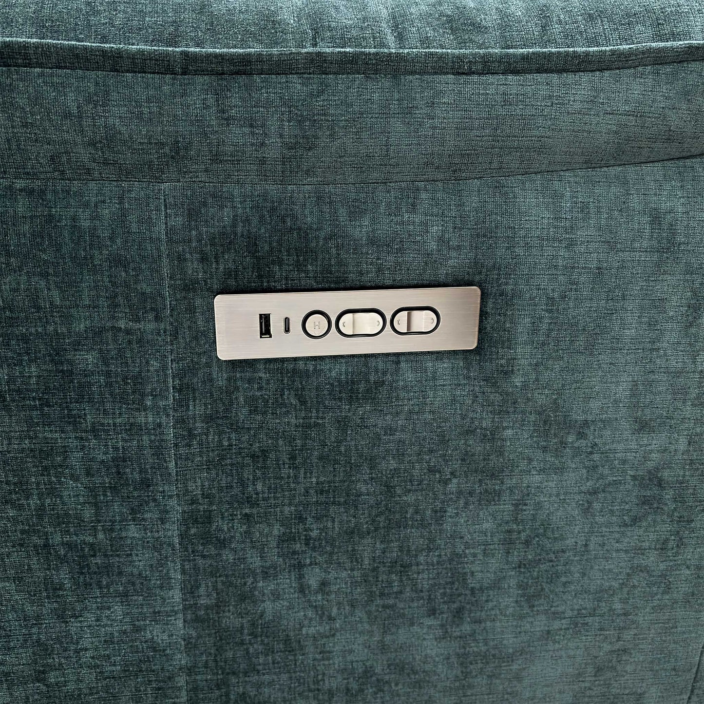 Close-up of the Forest Green linen-style fabric, highlighting the textured weave and the high-quality stitching on the armrests.
