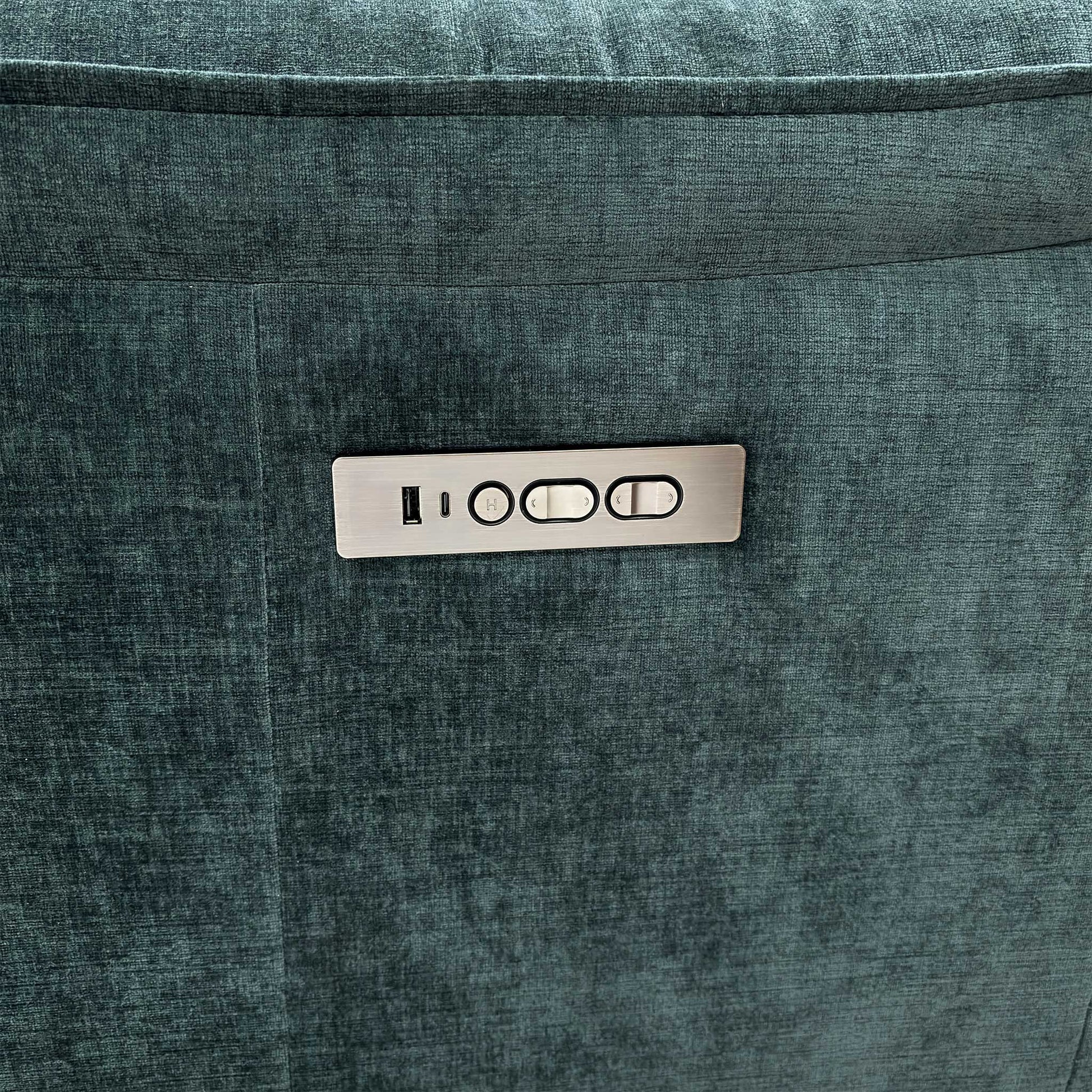 Close-up of the Forest Green linen-style fabric, highlighting the textured weave and the high-quality stitching on the armrests.