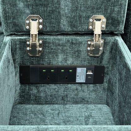 Close-up of the Forest Green linen-style fabric, highlighting the textured weave and the high-quality stitching on the armrests.