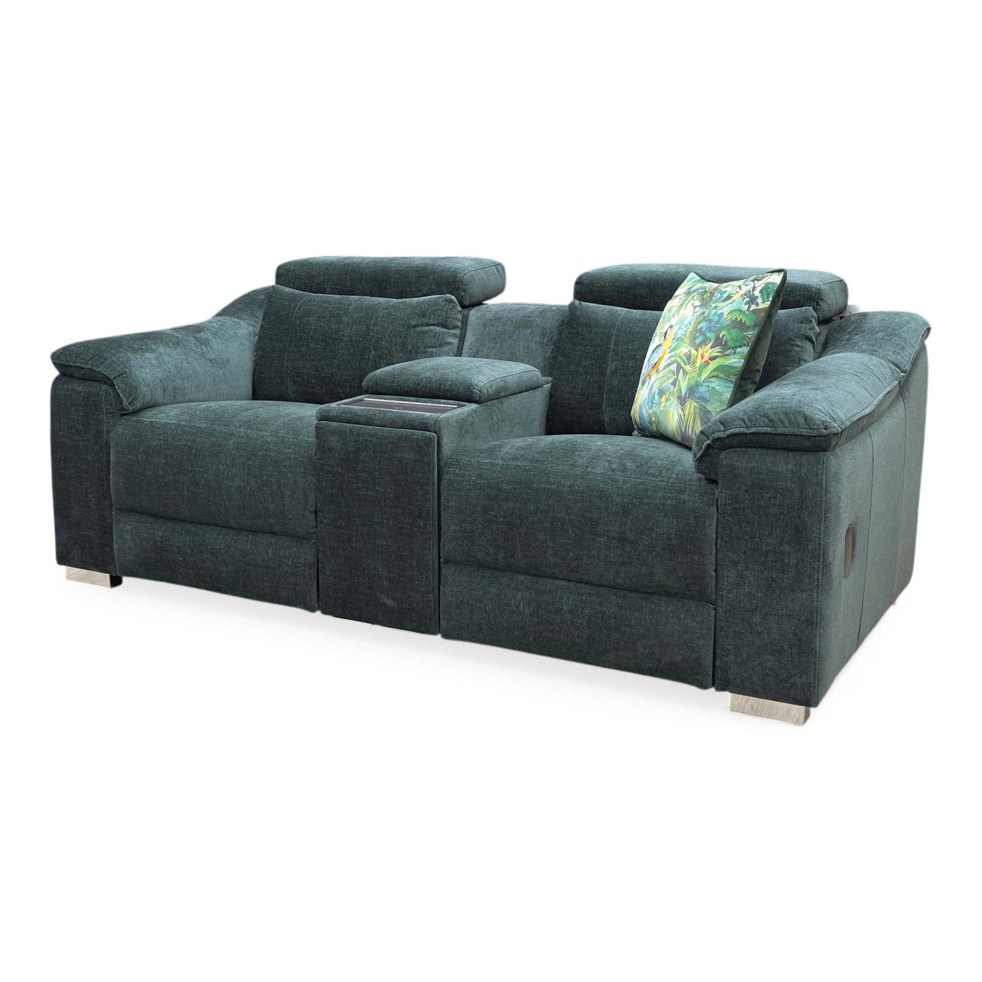 Side profile of the Geneva media sofa in a reclined position, emphasizing the ergonomic support and the modern brushed-metal controls.