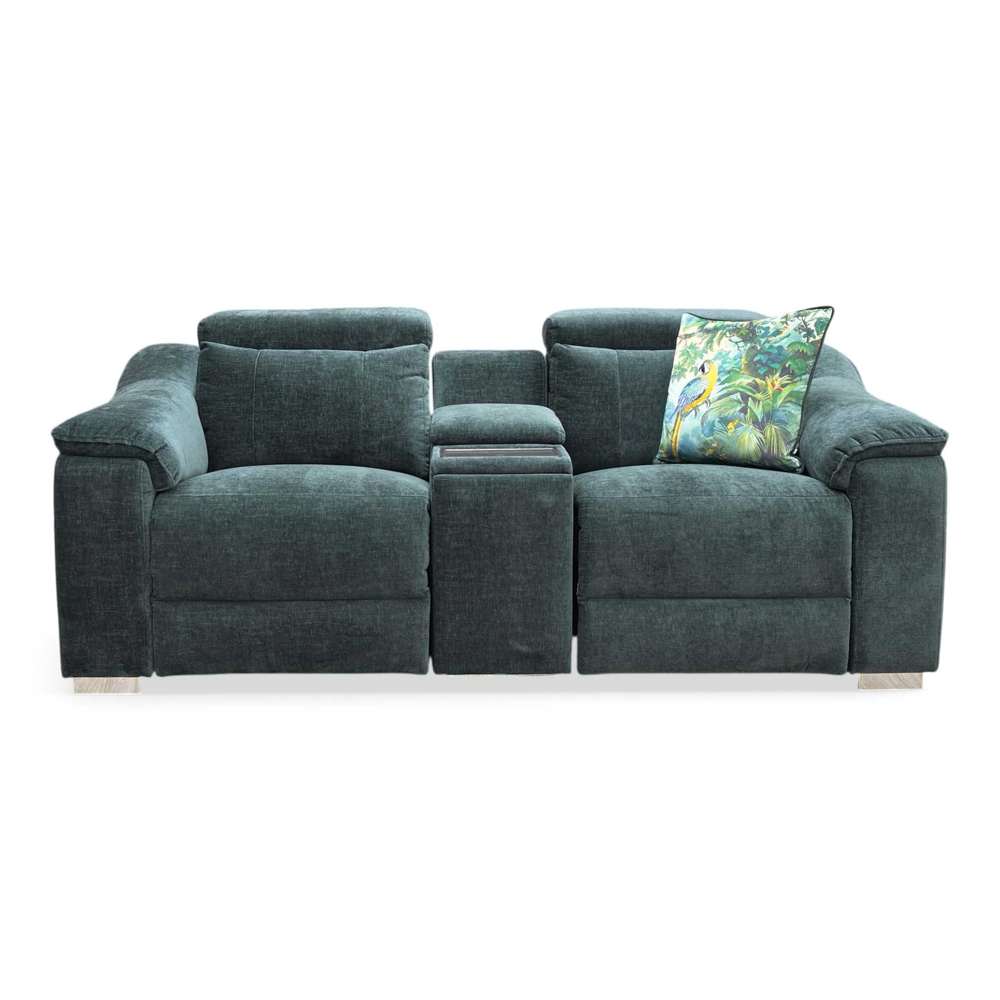 Front view of the Geneva's independent power reclining action, adjustable headrests, and the storage console features.