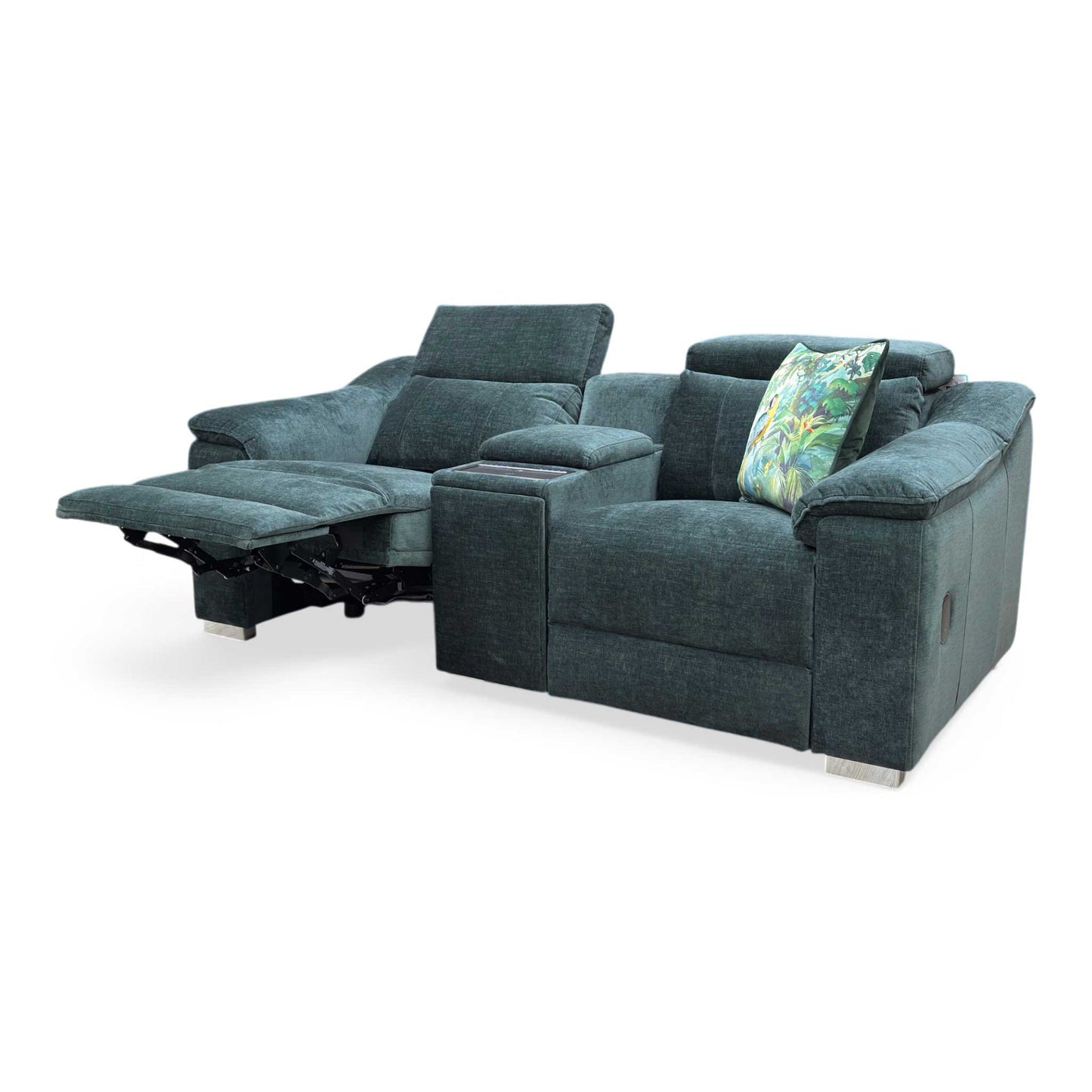 'Geneva' Forest Green Fabric 2 Seater Media Power Recliner Sofa with Power Headrests, Cup Holders and Media Console