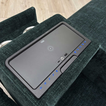 Detail shot of the central console, showing the stainless steel cup holders and the lift-up lid for the internal storage compartment.