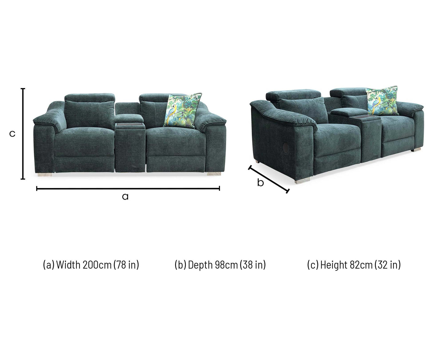 Technical dimension diagram for the Geneva Forest Green 2-Seater Media Power Recliner, specifying total width, depth, and height.