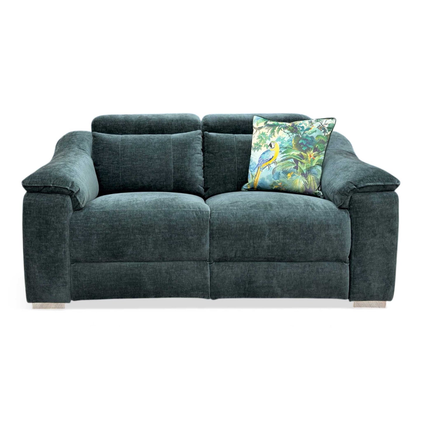 Front view of the Geneva 2-seater power recliner sofa in Forest Green linen fabric, featuring a modern design with power-adjustable headrests and footrests.