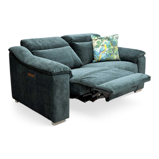 Full view of the Geneva 2-seater power recliner sofa in Forest Green linen fabric, featuring a modern design with power-adjustable headrests and footrests.