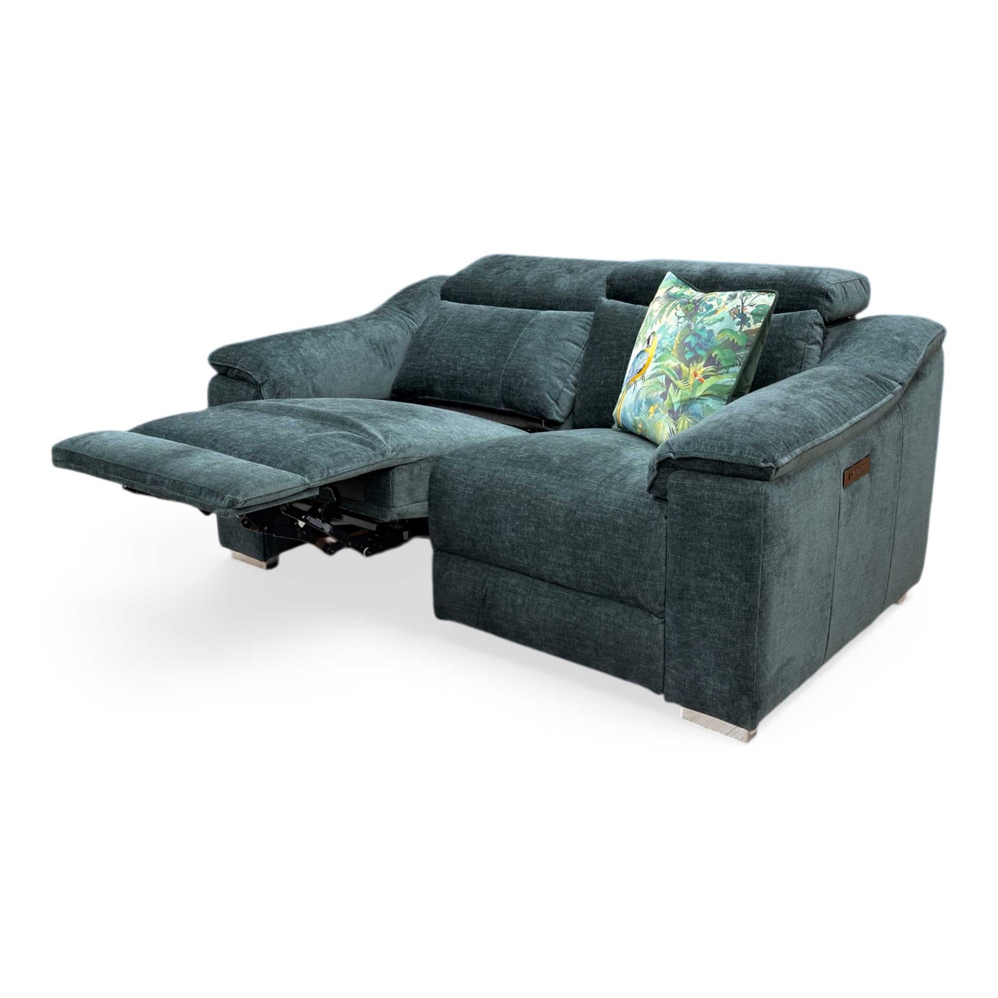 Product video walkthrough of the Geneva Forest Green sofa, demonstrating the smooth operation of the power headrests and the reclining footrest.