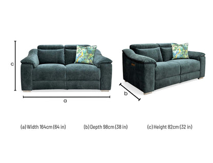 Technical dimension diagram for the Geneva Forest Green 2-Seater Power Recliner, specifying total width, depth, and height.