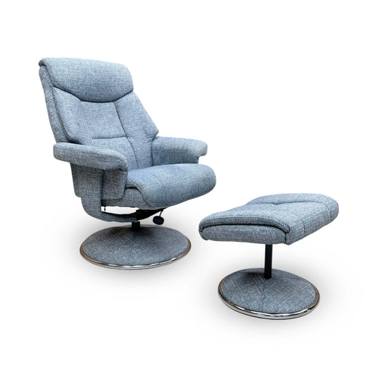 Full view of the Troyes High Back Swivel Chair and matching footstool in Chacha Ocean Blue fabric, featuring a contemporary ergonomic design and a black four-star metal base.