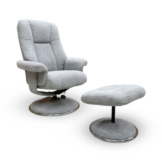 Full view of the Bruges Swivel Chair and matching footstool in Light Grey fabric, featuring a modern tub-style silhouette and a sturdy black metal four-star base.
