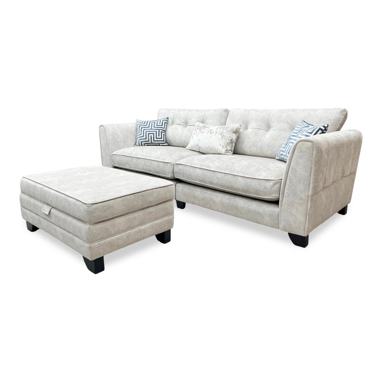 Side view of the Mariah Dapple Oyster 4-seater and stool, demonstrating the fabric texture, seat depth, and the functional storage feature.