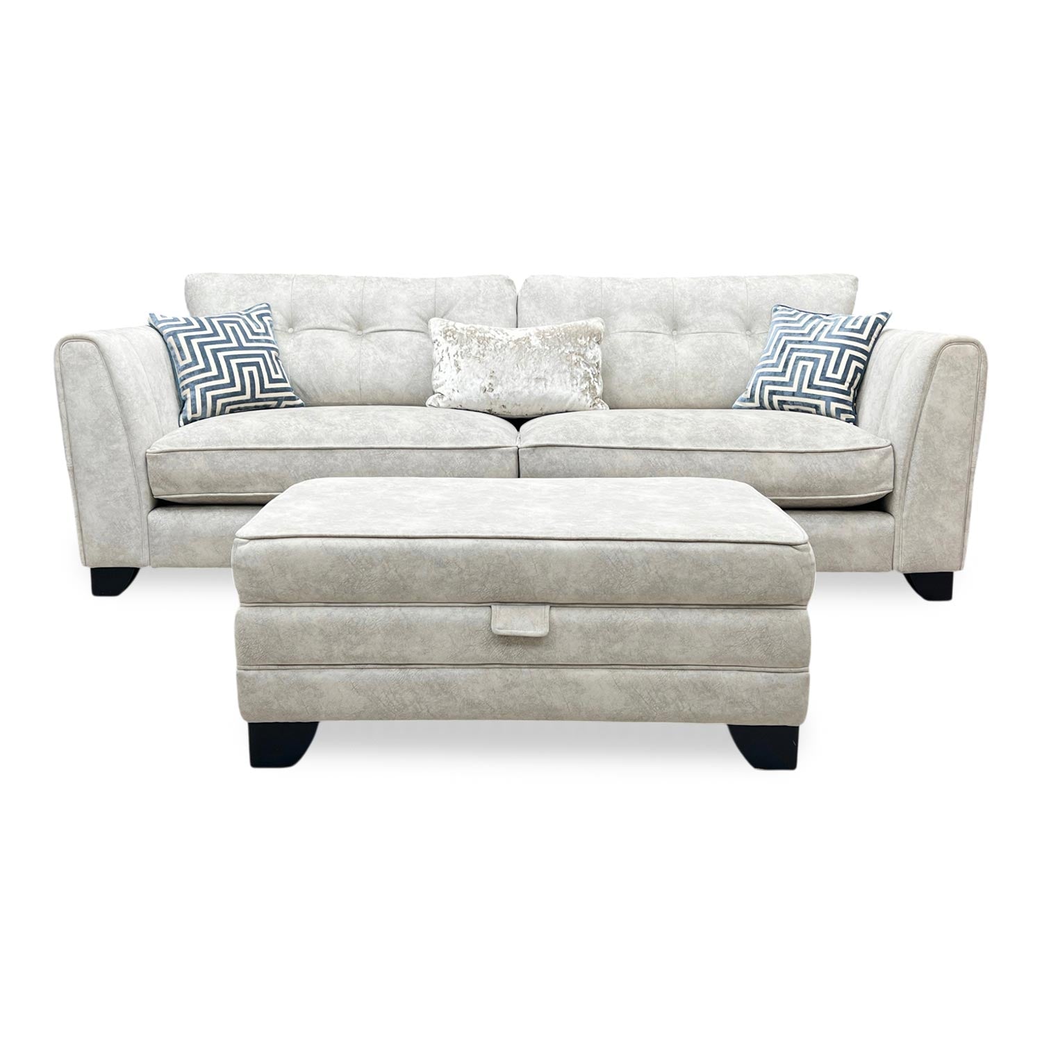 Front view of the Mariah 4-seater in Dapple Oyster, showcasing the generous seating area and the elegant, light neutral tones of the upholstery.