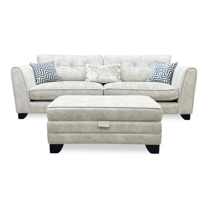 Front view of the Mariah 4-seater in Dapple Oyster, showcasing the generous seating area and the elegant, light neutral tones of the upholstery.