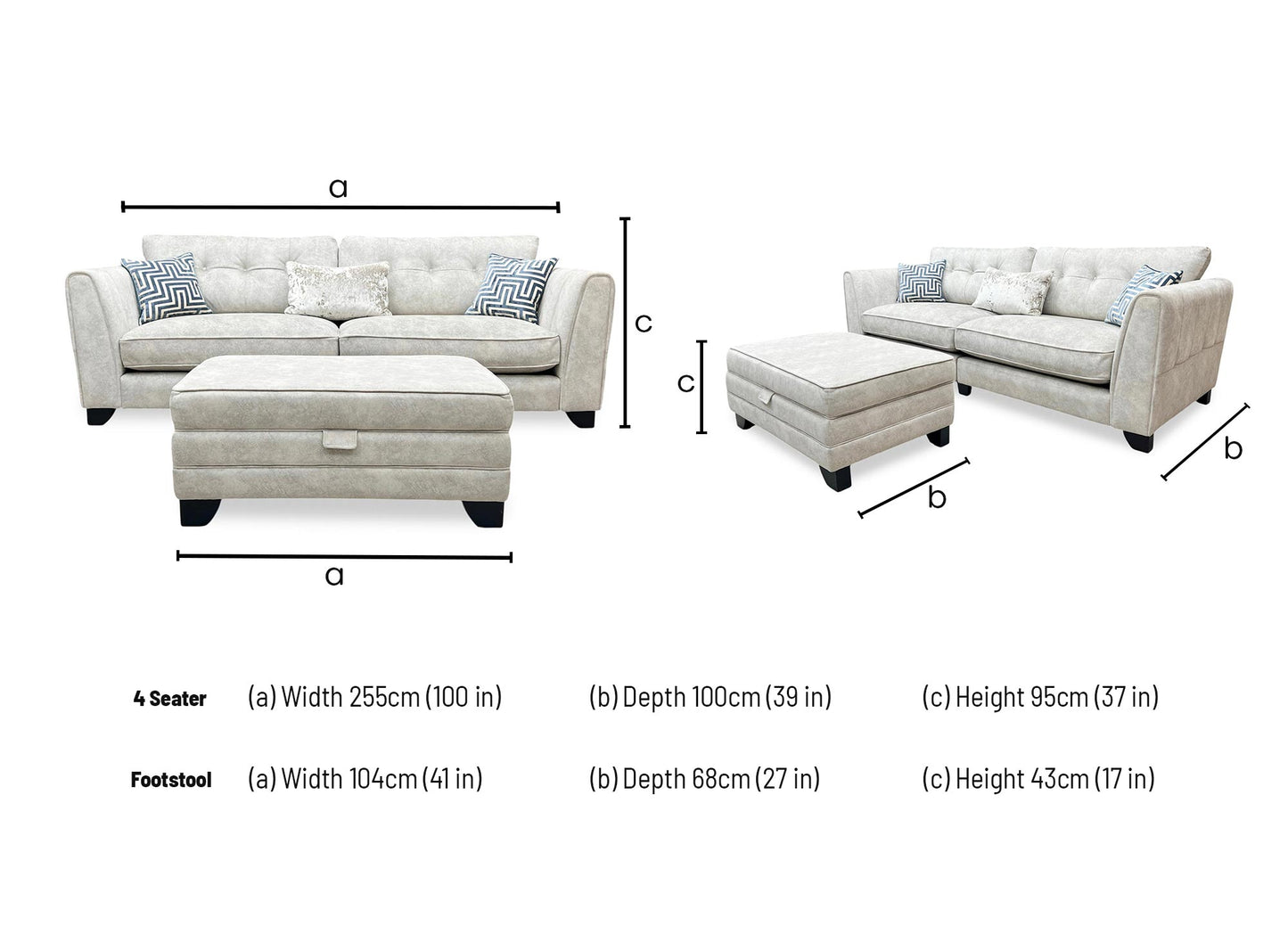 Technical dimension diagram for the Mariah Dapple Oyster 4-Seater Sofa and Storage Stool: Sofa Width 254cm, Depth 107cm; Stool Width 95cm, Depth 65cm.