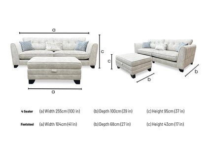 Technical dimension diagram for the Mariah Dapple Oyster 4-Seater Sofa and Storage Stool: Sofa Width 254cm, Depth 107cm; Stool Width 95cm, Depth 65cm.