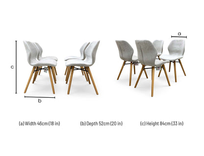 Technical dimension diagram for the ‘Stockholm’ Upholstered Dining Chairs: Width 46cm, Depth 52cm, Height 84cm.