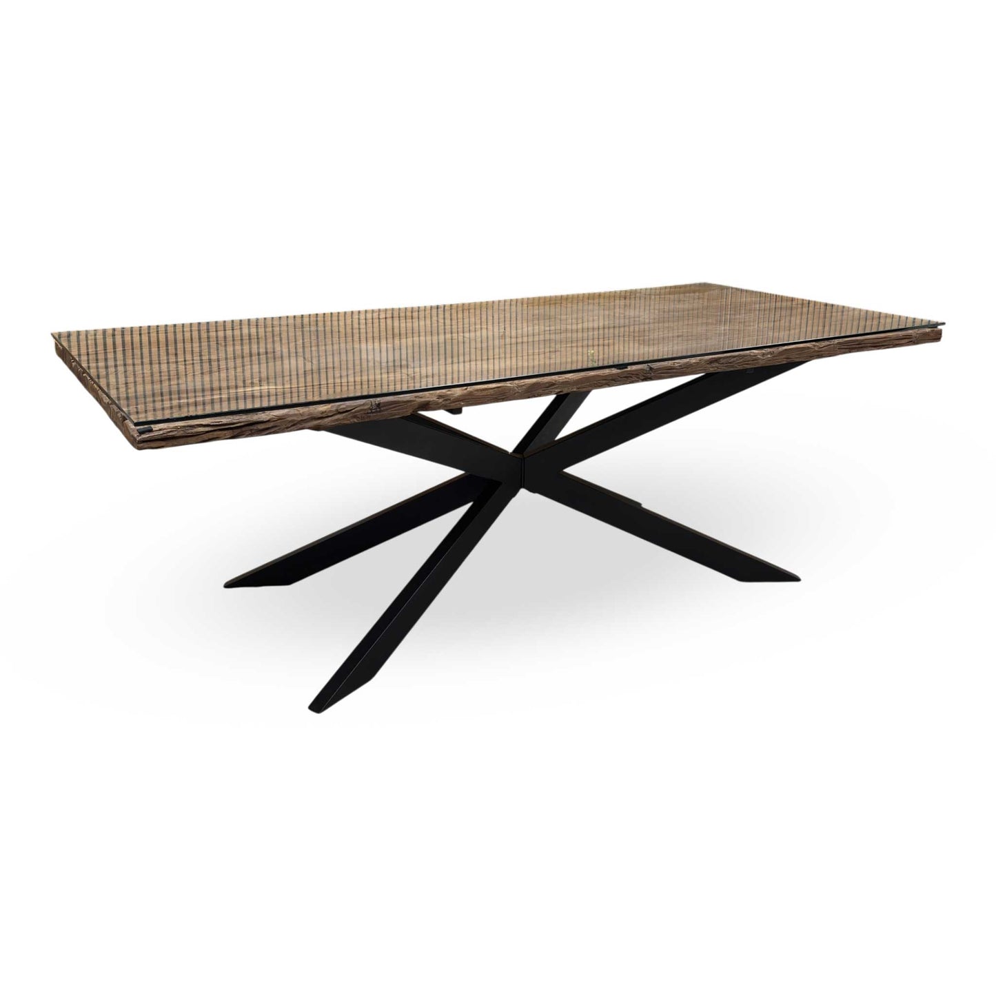 Side view of the ‘Kiara’ Large Rectangular Wooden Dining Table, showcasing its beautiful natural wood tabletop and modern industrial black metal legs.