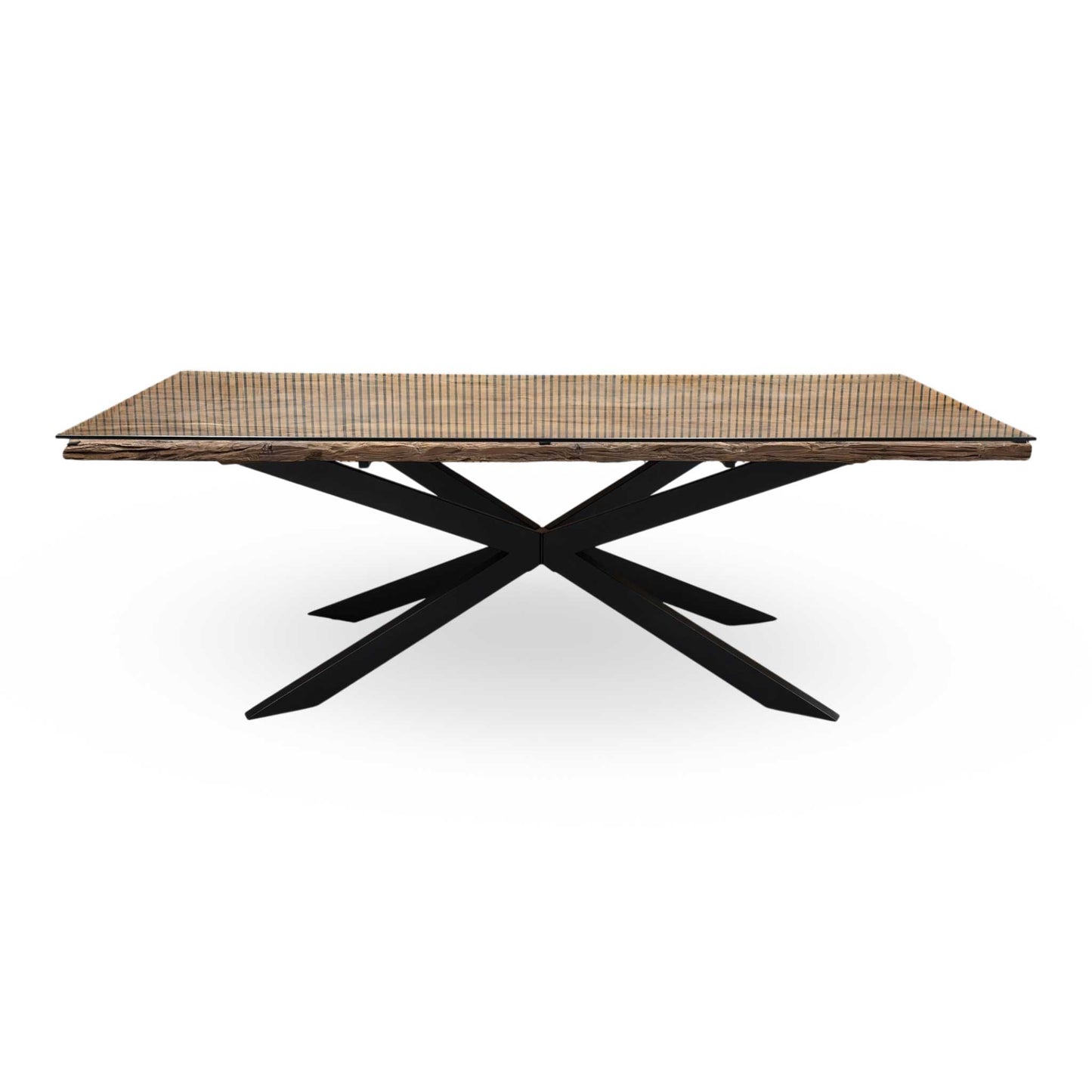 Front profile view of the Kiara dining table, emphasizing its minimal, modern industrial design and sleek proportions.