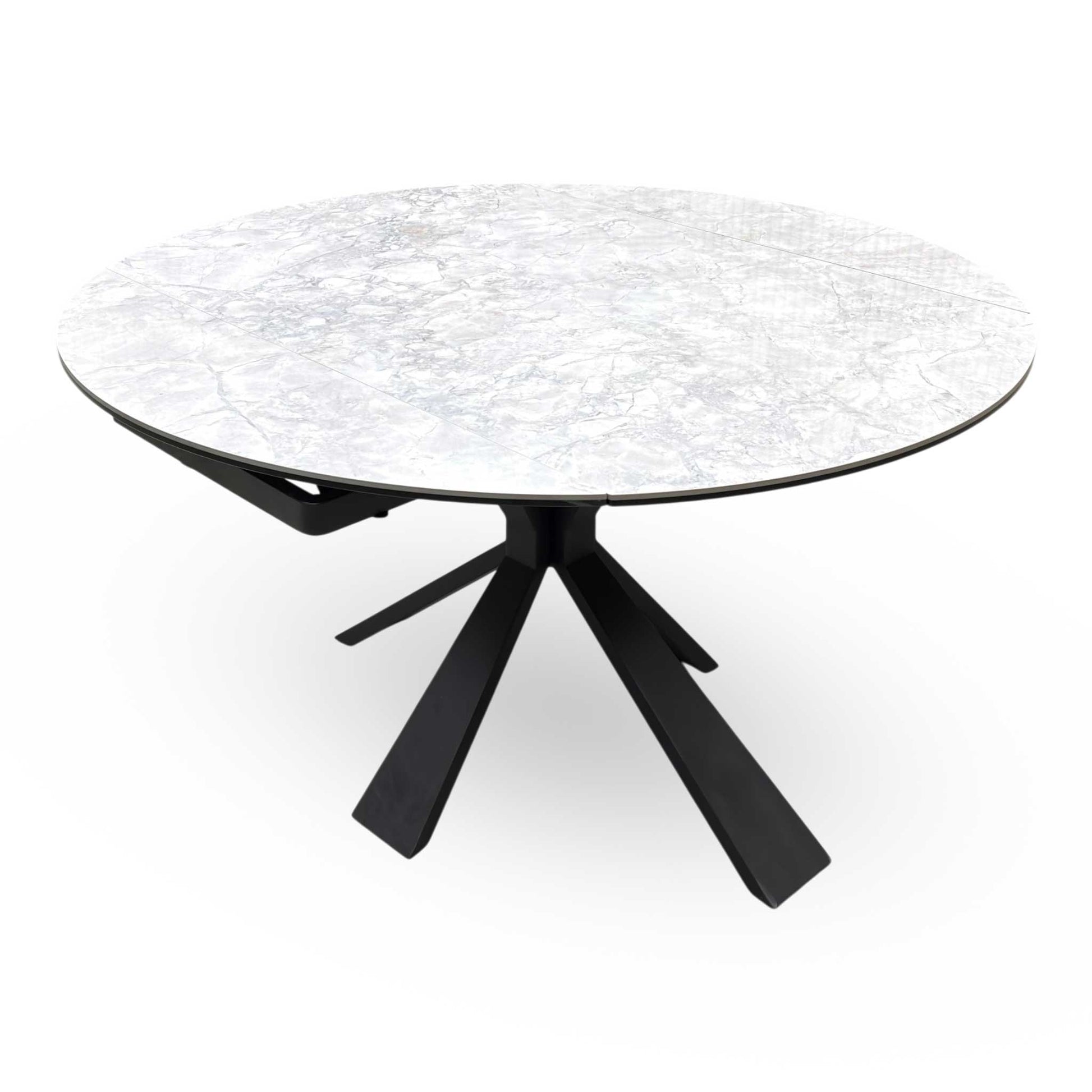 Top view of the grey stone-effect ceramic tabletop, emphasizing the realistic marble-like veining and the scratch-resistant, easy-clean surface quality.