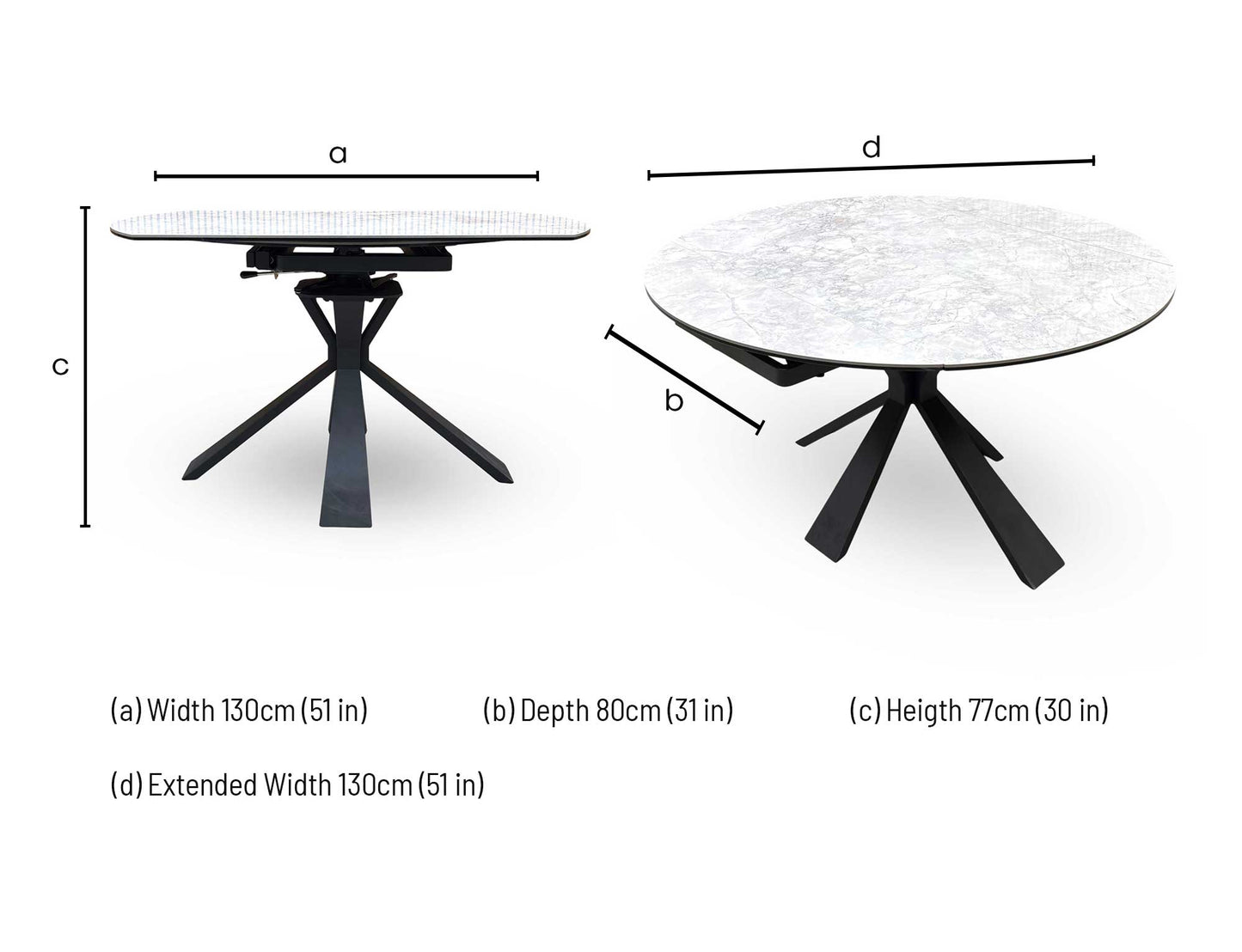 Technical dimension diagram for the ‘Crete’ Round Swivel Extending Dining Table: Diameter 120cm (closed) extending to 180cm (open), Height 76cm.