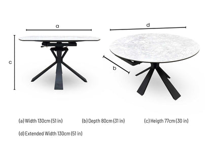 Technical dimension diagram for the ‘Crete’ Round Swivel Extending Dining Table: Diameter 120cm (closed) extending to 180cm (open), Height 76cm.