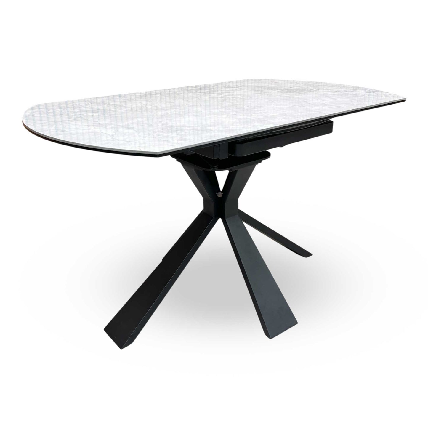 Full view of the Crete Round Swivel Extending Dining Table featuring a dark grey ceramic marble-effect top and a modern black sculptural pedestal base.