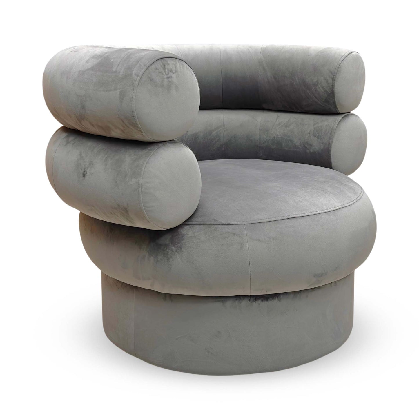 Full view of the Fitzrovia Accent Chair in Charcoal Velvet, featuring a classic tub-style silhouette with vertical channel tufting and gold-tipped black legs.