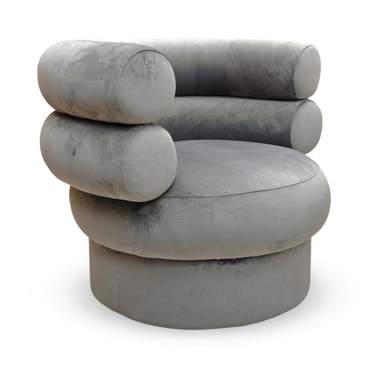 Full view of the Fitzrovia Accent Chair in Charcoal Velvet, featuring a classic tub-style silhouette with vertical channel tufting and gold-tipped black legs.