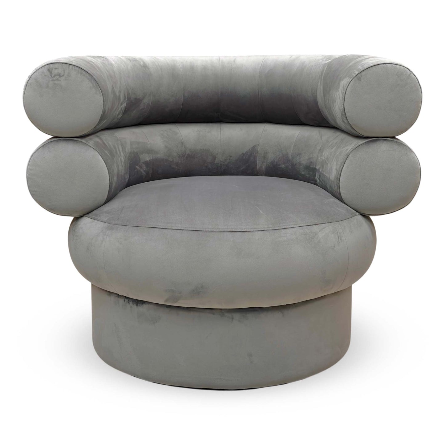 Front view of the Fitzrovia Charcoal Velvet chair, highlighting the elegant curved backrest and plush seat cushion.