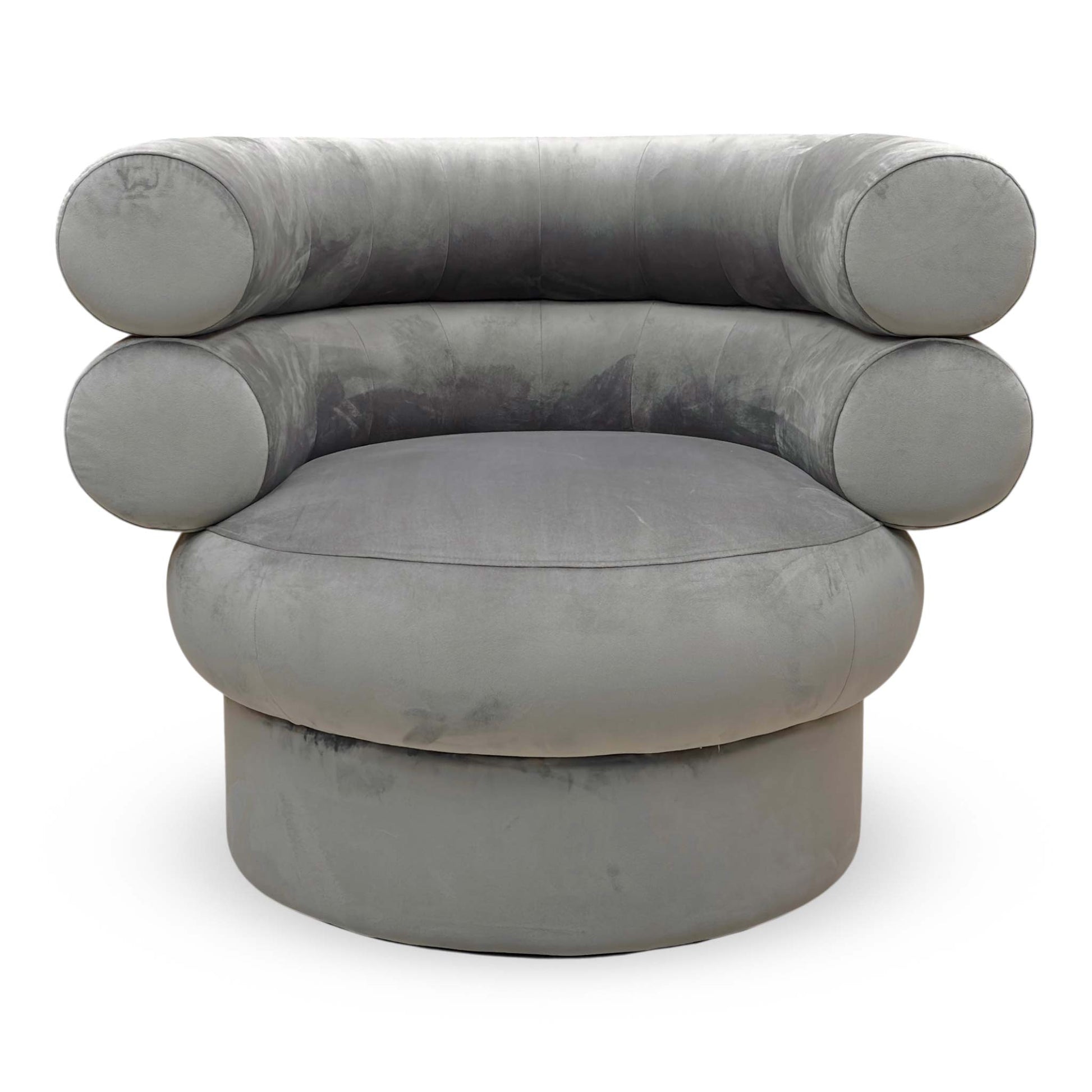 Front view of the Fitzrovia Charcoal Velvet chair, highlighting the elegant curved backrest and plush seat cushion.
