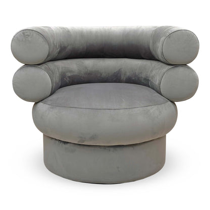 Front view of the Fitzrovia Charcoal Velvet chair, highlighting the elegant curved backrest and plush seat cushion.