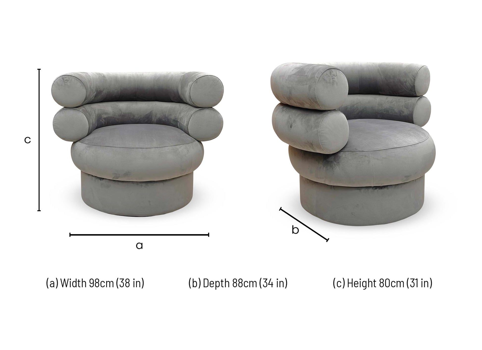 Technical dimension diagram for the Fitzrovia Charcoal Velvet Accent Chair: Width 75cm, Depth 73cm, Height 79cm.