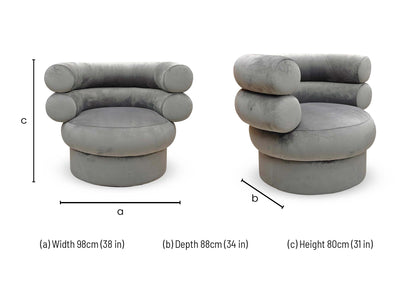 Technical dimension diagram for the Fitzrovia Charcoal Velvet Accent Chair: Width 75cm, Depth 73cm, Height 79cm.
