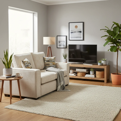 Lifestyle shot of the sofa, showing the soft Kingston Cream fabric and its placement in a modern living space.