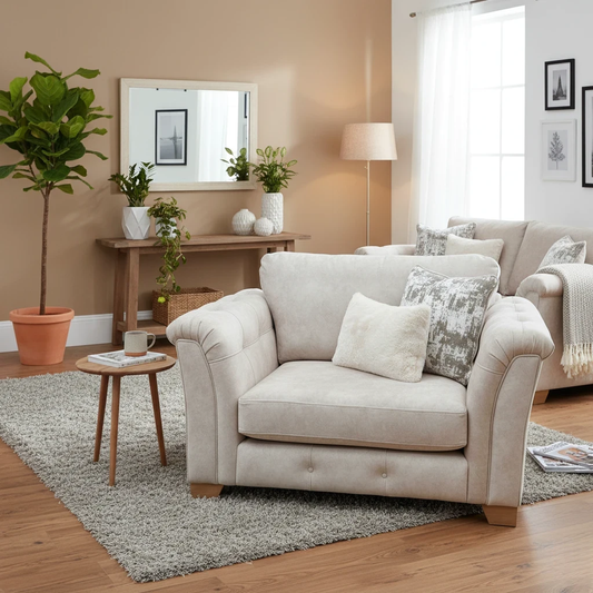 Lifestyle shot of the 'Aura' Love Chair, emphasizing its gorgeous glam style and comfort level.