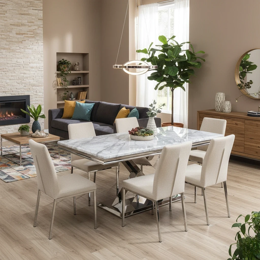 View emphasizing the generous 180cm length of the Marble-Effect Ceramic Top table.