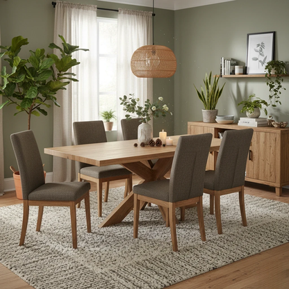 Detail shot of the statement wooden star base supporting the table.