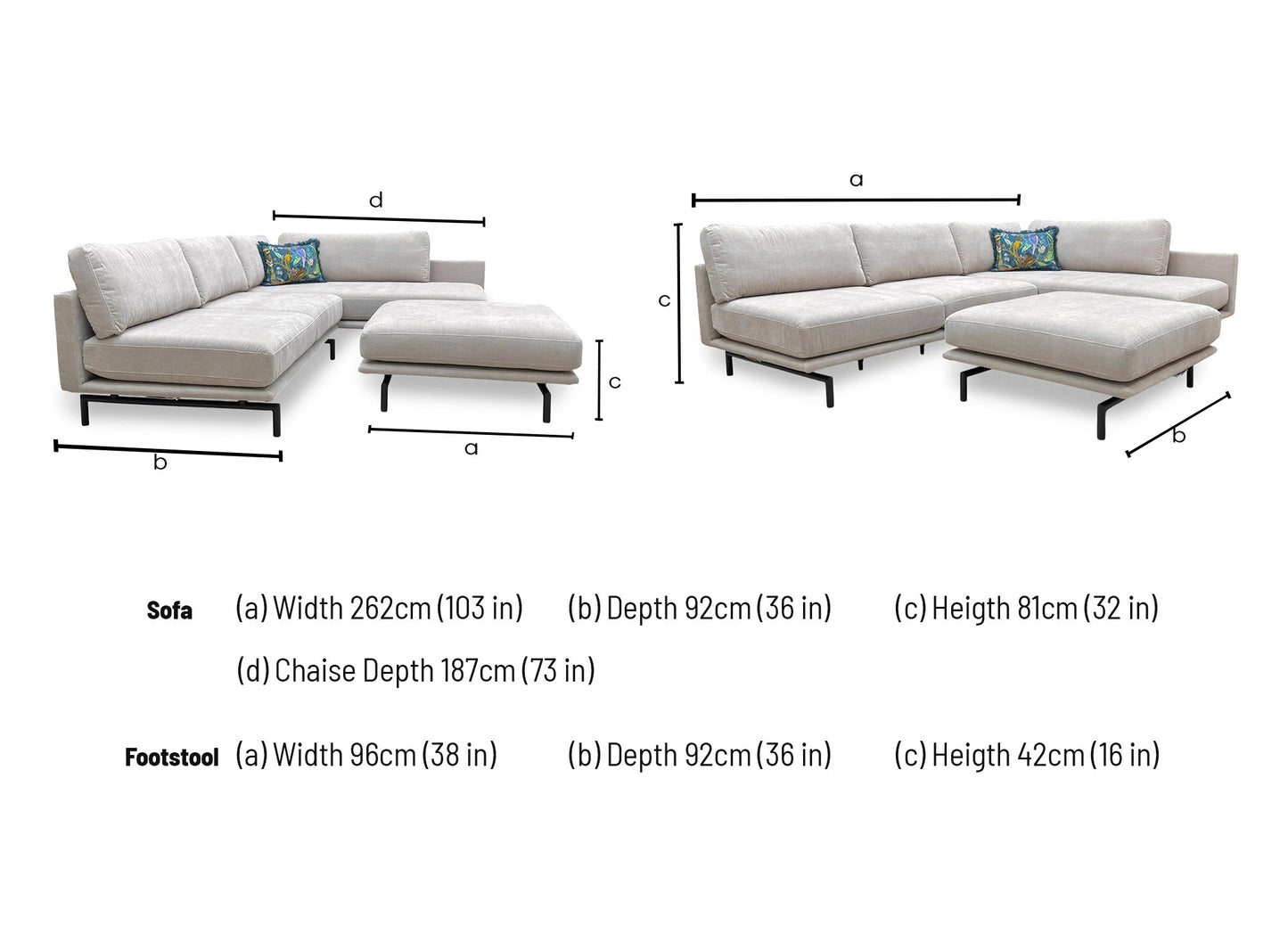 Technical dimension diagram for the Brixton Taupe Corner Chaise: Width 262cm, Chaise Depth 187cm, Height 81cm.