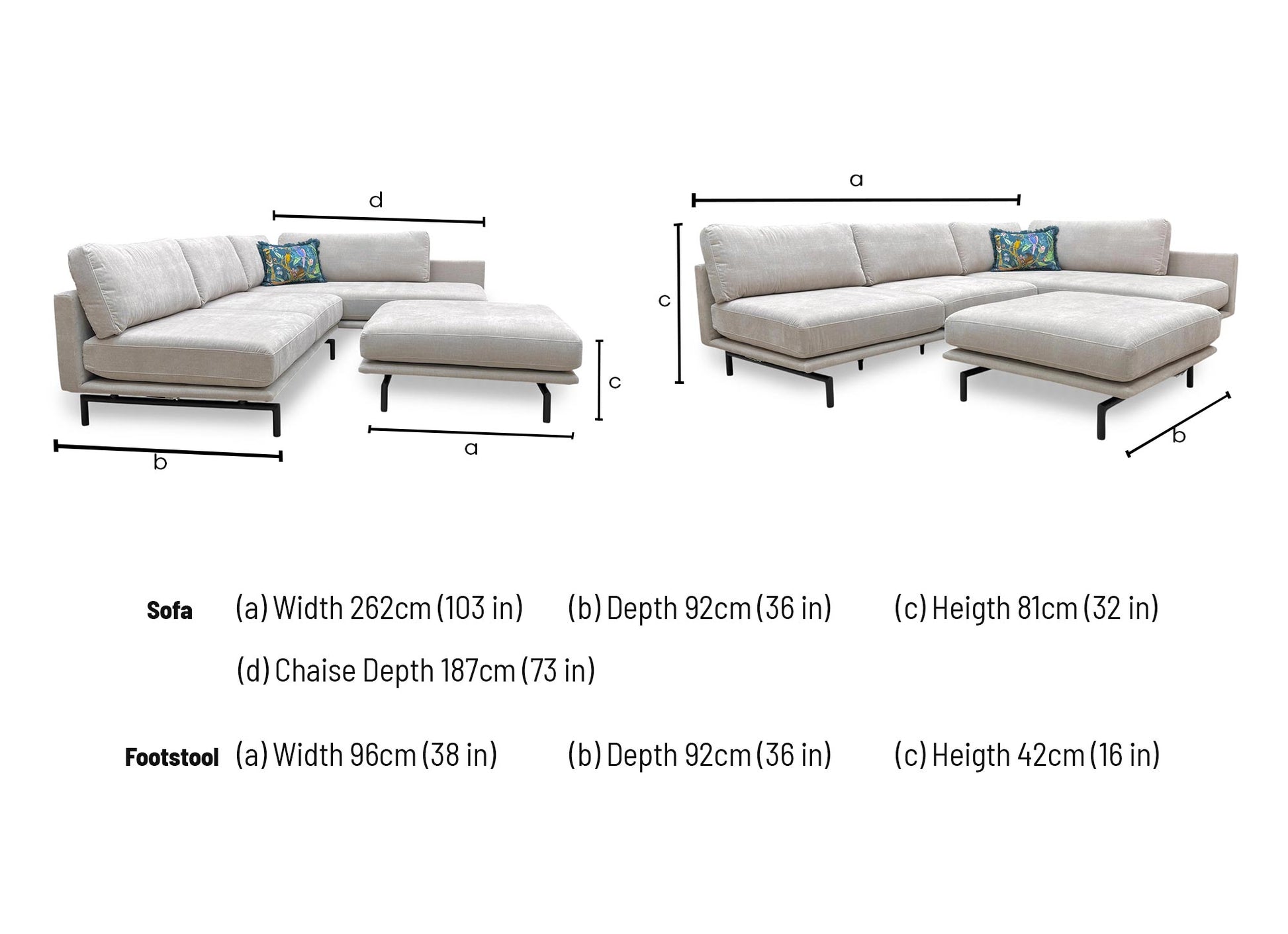 Technical dimension diagram for the Brixton Taupe Corner Chaise: Width 262cm, Chaise Depth 187cm, Height 81cm.
