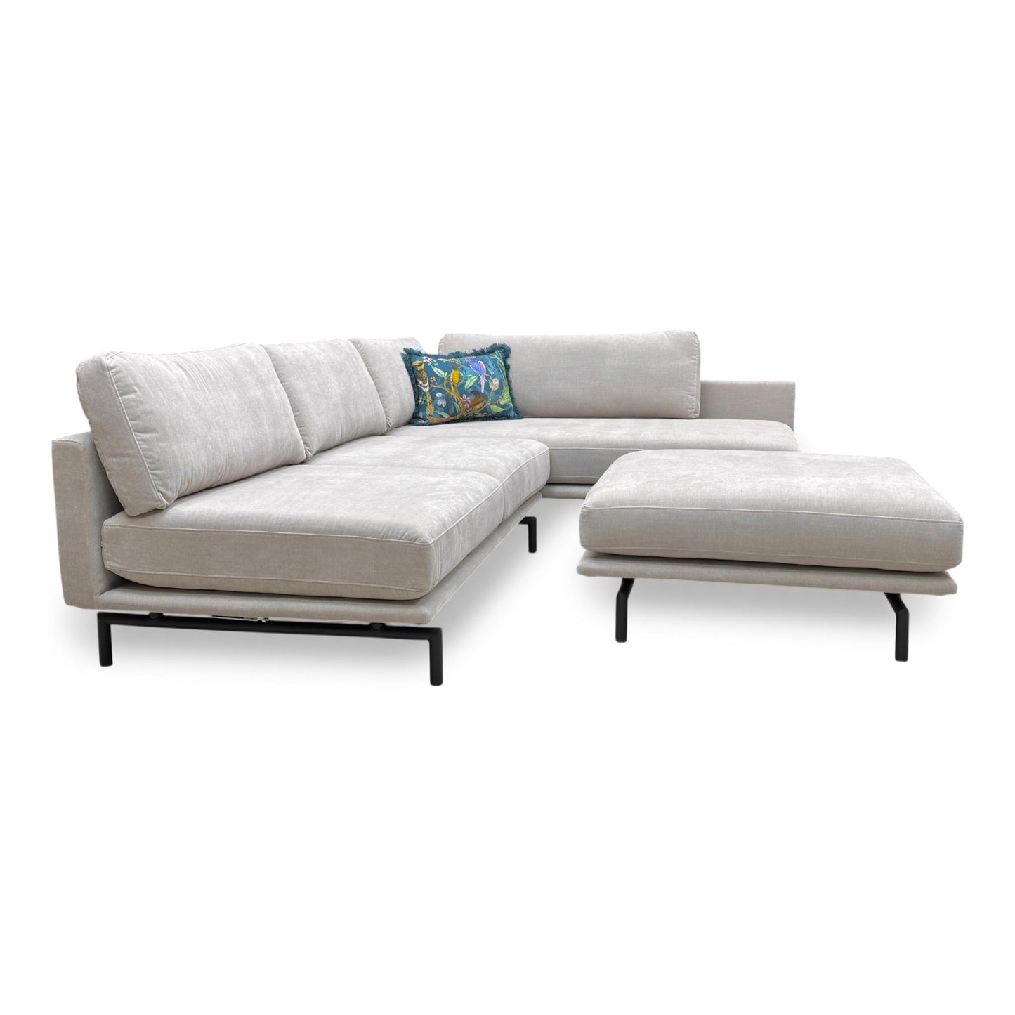 Angle view of the Brixton Right-Hand Chaise, showing the generous seating area and the seamless connection between the sofa and footstool.